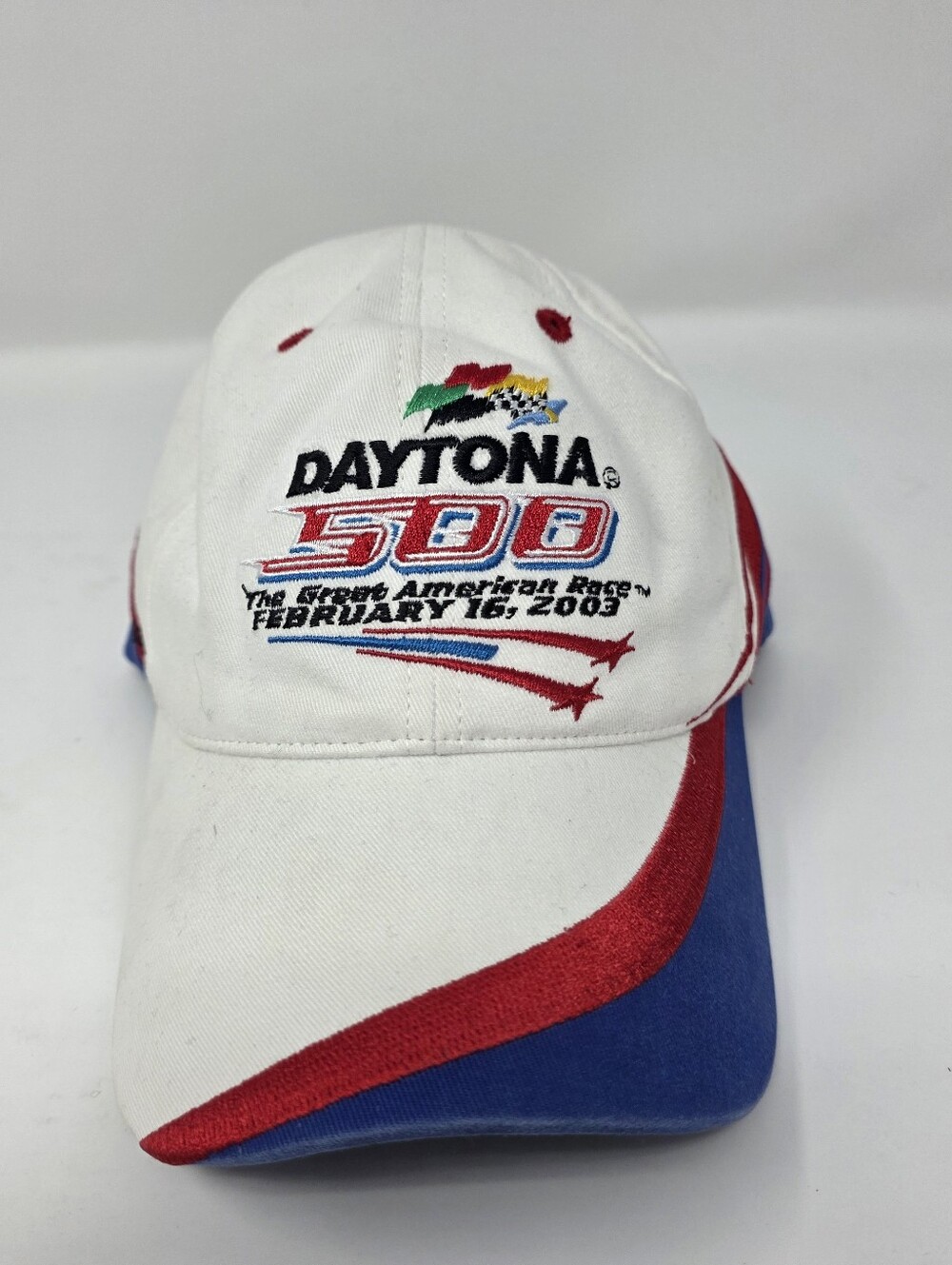 Vintage 2003 Daytona 500 NASCAR Checkered Flag Sports Hat Cap White Blue Red